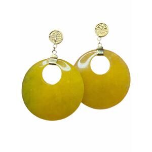Yellow Donut Shape Jadeite 14kt Yellow Gold Post Signed China CN Earrings